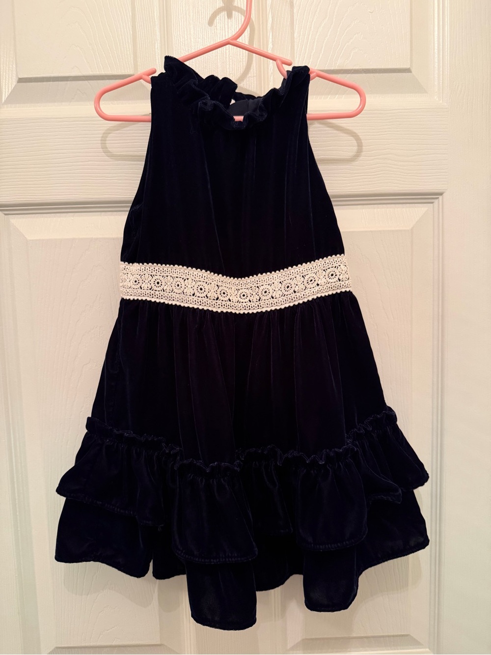 Janie and Jack Navy Velvet Dress with Cream Lace Waistband